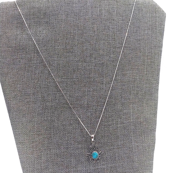 Sterling Silver Filagree Hamsa Hand Genuine Turquoise Pendant Necklace - ITALY - Picture 5 of 7